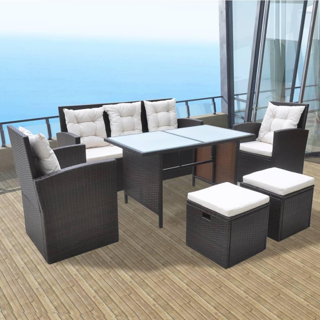 vidaXL Patio Furniture Set 6 Piece, Dining Table Set with Glass Tabletop, Rattan Chairs with Cushions, Outdoor Furniture Set, Poly Rattan Brown