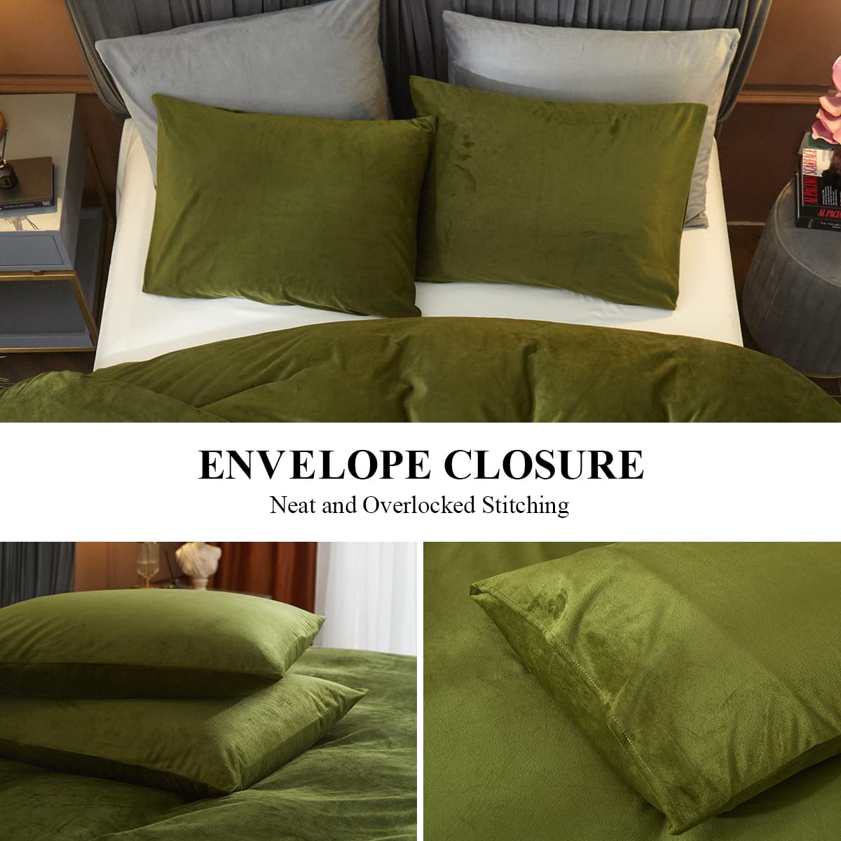 Ivellow King Size Velvet Duvet Cover Set - Ultra Soft Olive Green Flannel Bedding with Zipper Closure & Corner Ties