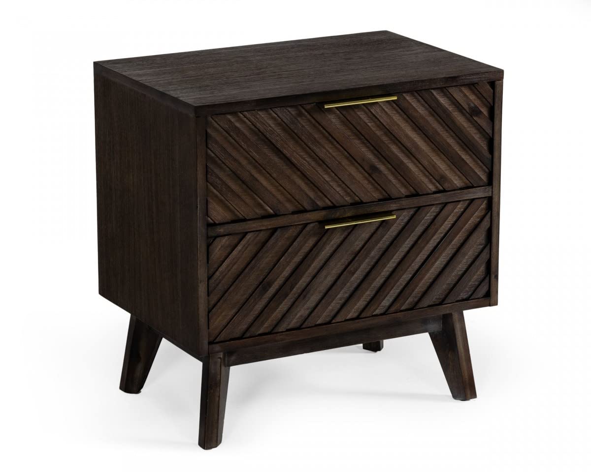 HomeRoots Acacia Veneer, Solid Wood, Steel Classic Chevron Dark Brown Nightstand with Two Drawers