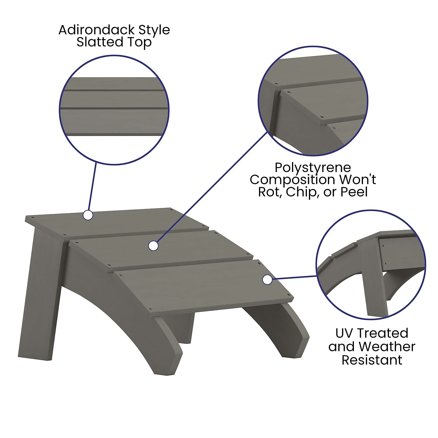 Flash Furniture Sawyer Indoor/Outdoor Commercial Grade Adirondack Ottoman - Gray All-Weather Adirondack Style Footrest