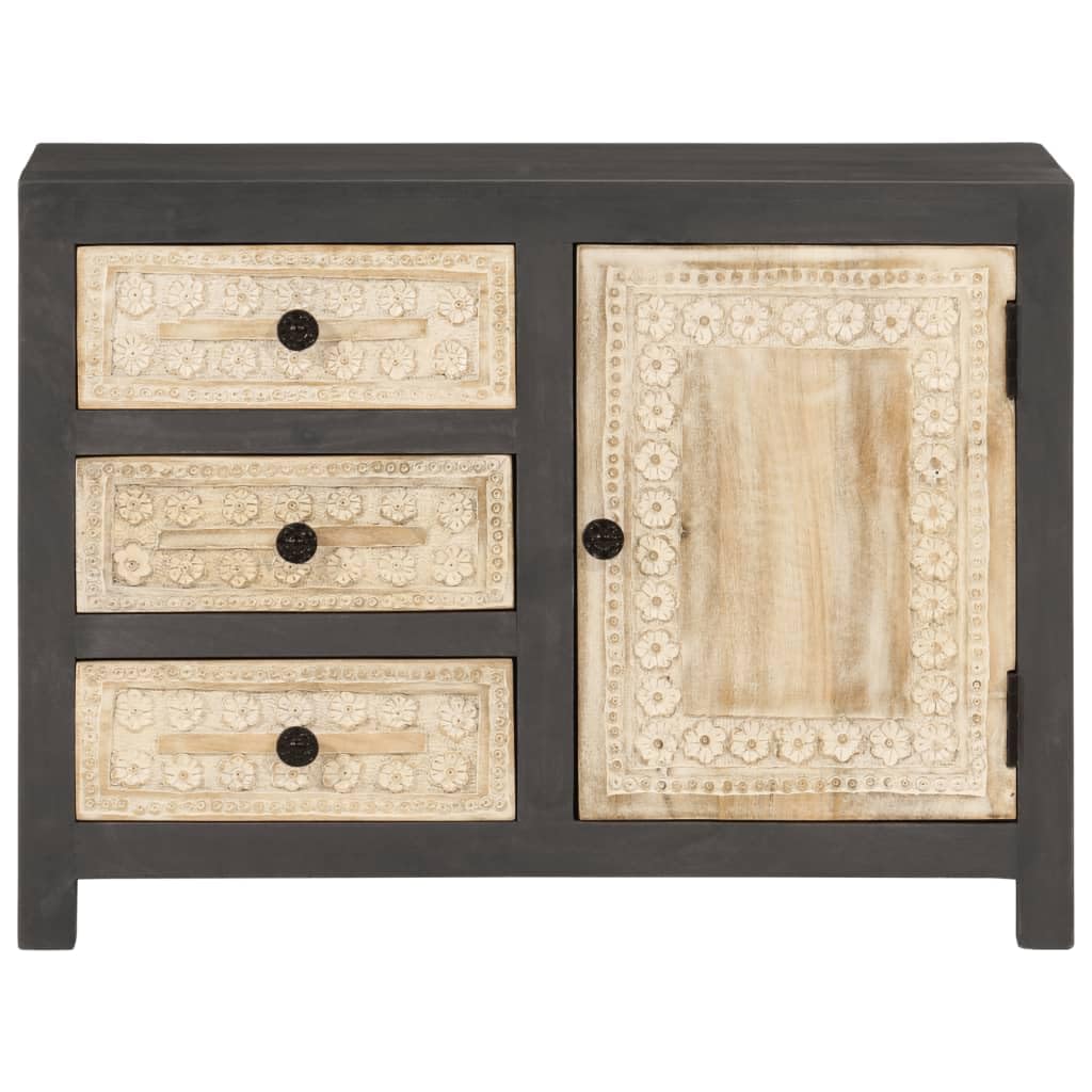 vidaXL Sideboard - Solid Mango Wood Cabinet/Drawer - Gray & White, 29.5"x13.8"x21.7" - Hand Carved Modern Furniture Piece