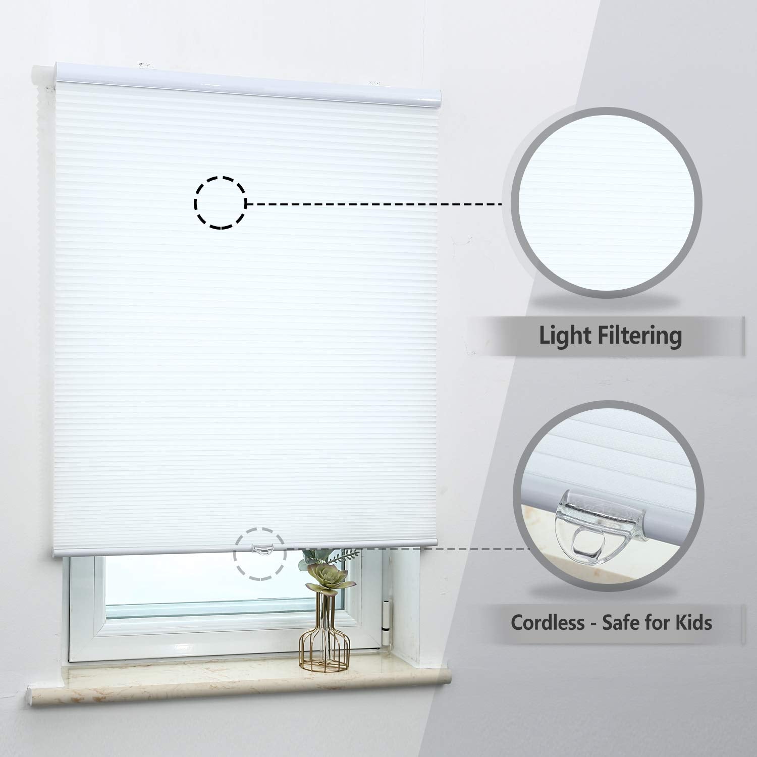Cellular Blinds Cordless Shades For Windows Single Cell Shade - Provide Privacy And Filters Light - 24'' W X 64'' H, White(Light