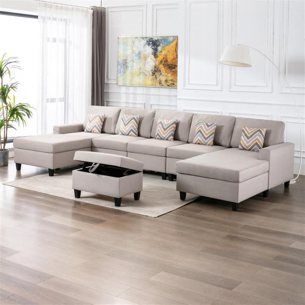 Lilola Home Nolan Beige Linen Fabric 6Pc Double Chaise Sectional Sofa with Interchangeable Legs, Storage Ottoman, and Pillows