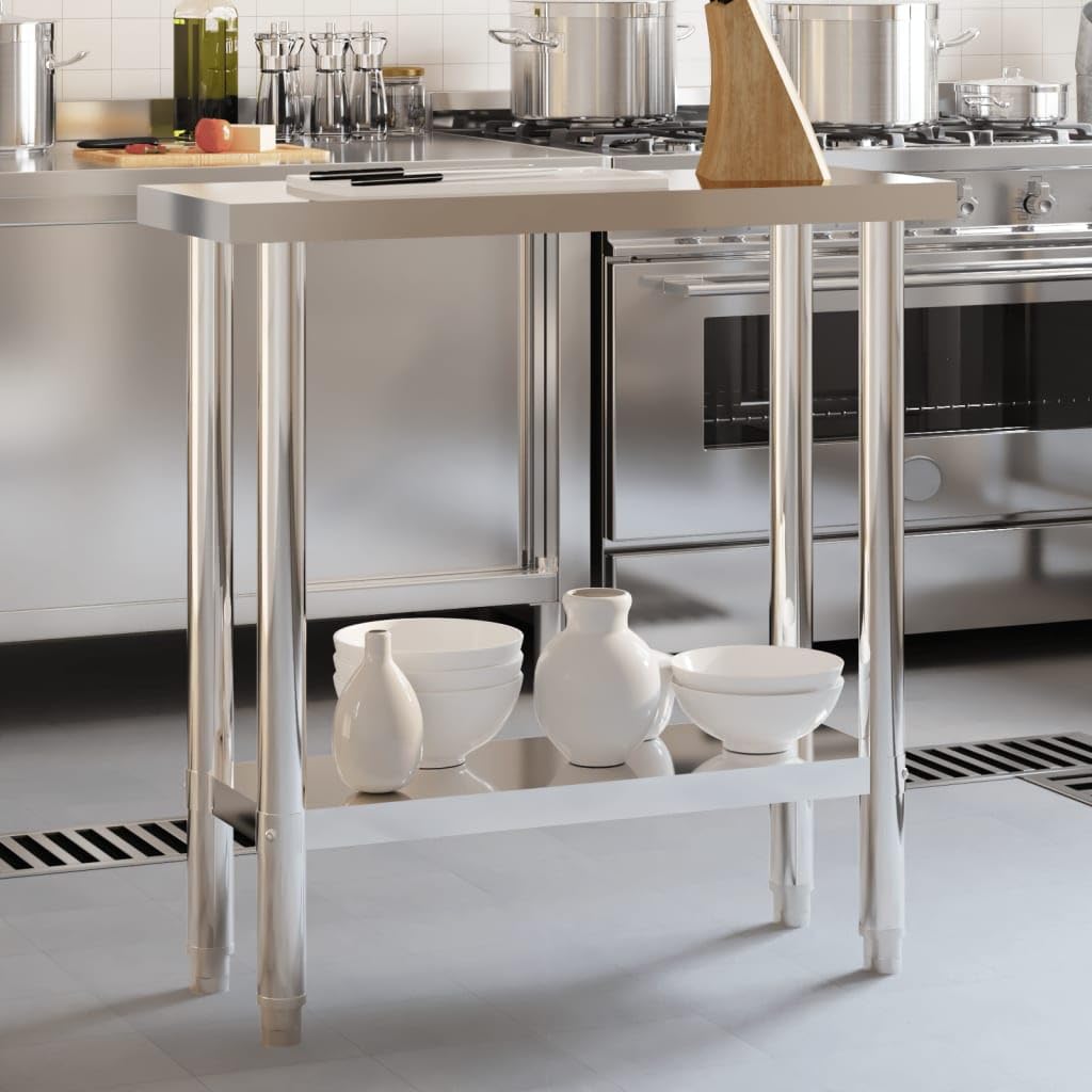 vidaXL Stainless Steel Kitchen Work Table with Under Shelf - Silver, Durable Prep Station for Restaurant/Commercial Use, Easy to Clean