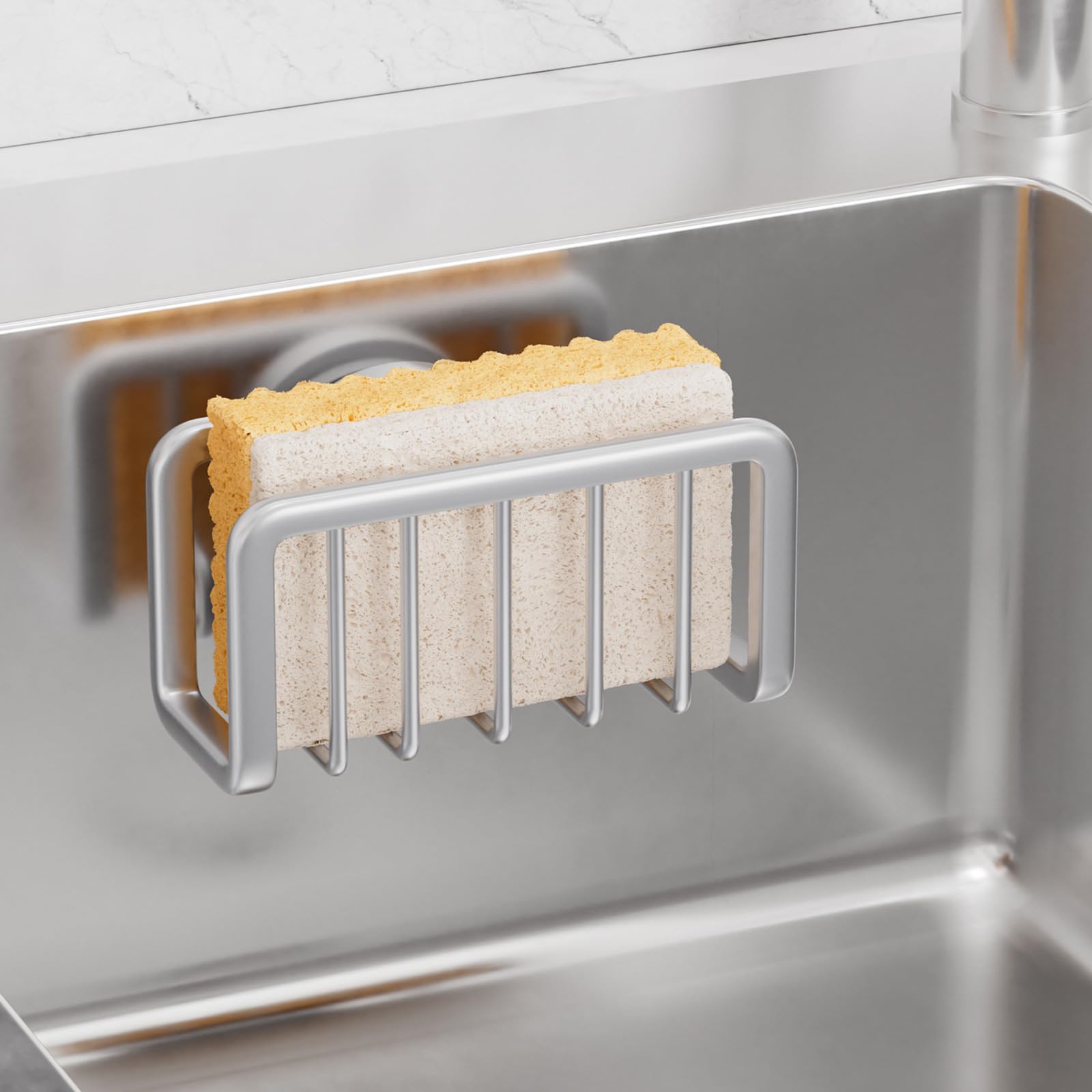 Taili Sponge Holder For Kitchen Sink With Strong Suction Cup, Rustproof Aluminum Sink Caddy For Sponges, Removable Sponge Holder