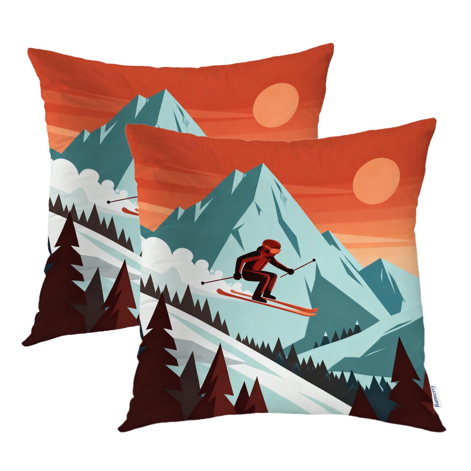 Batmerry Winter Pillow Covers 18x18 Inch Set of 2, with Mountains Ski Retro Slope Snow Sunset Mountain Winter Double Sided Decor