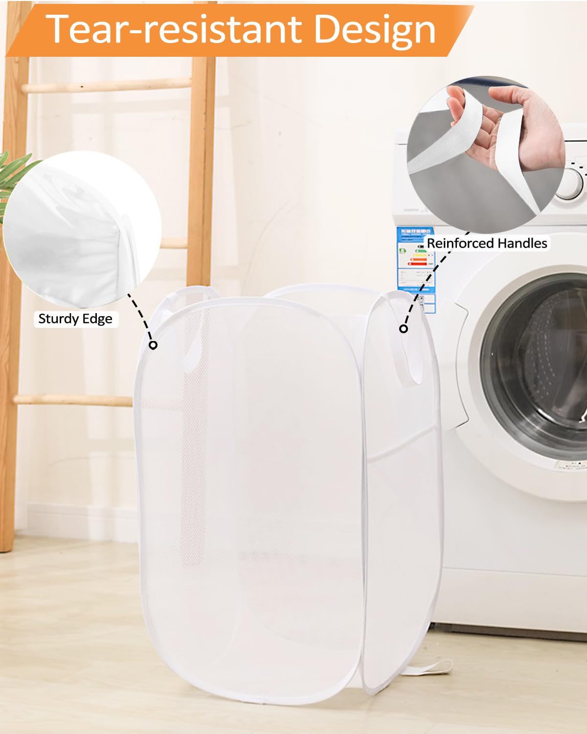 2 Pcs Durable Collapsible Laundry Baskets - Reinforced Mesh Pop Up Laundry Hamper With Pocket, Foldable Dirty Clothes Hamper Wit