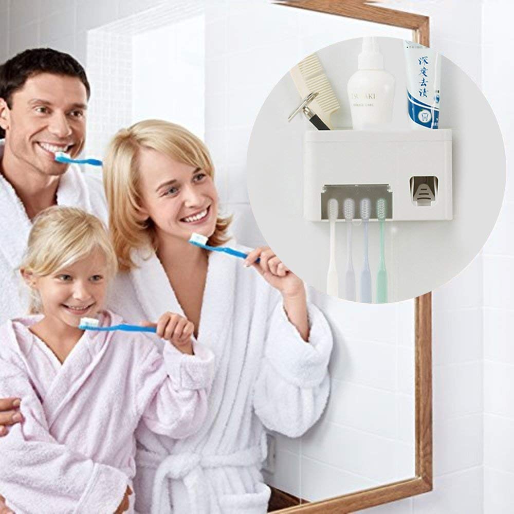 Houvillage Toothpaste Dispenser Toothbrush Holder Set, Toothpaste Squeezer Tooth Brush Holder Set Holder With Anti-Dust Cover, 3