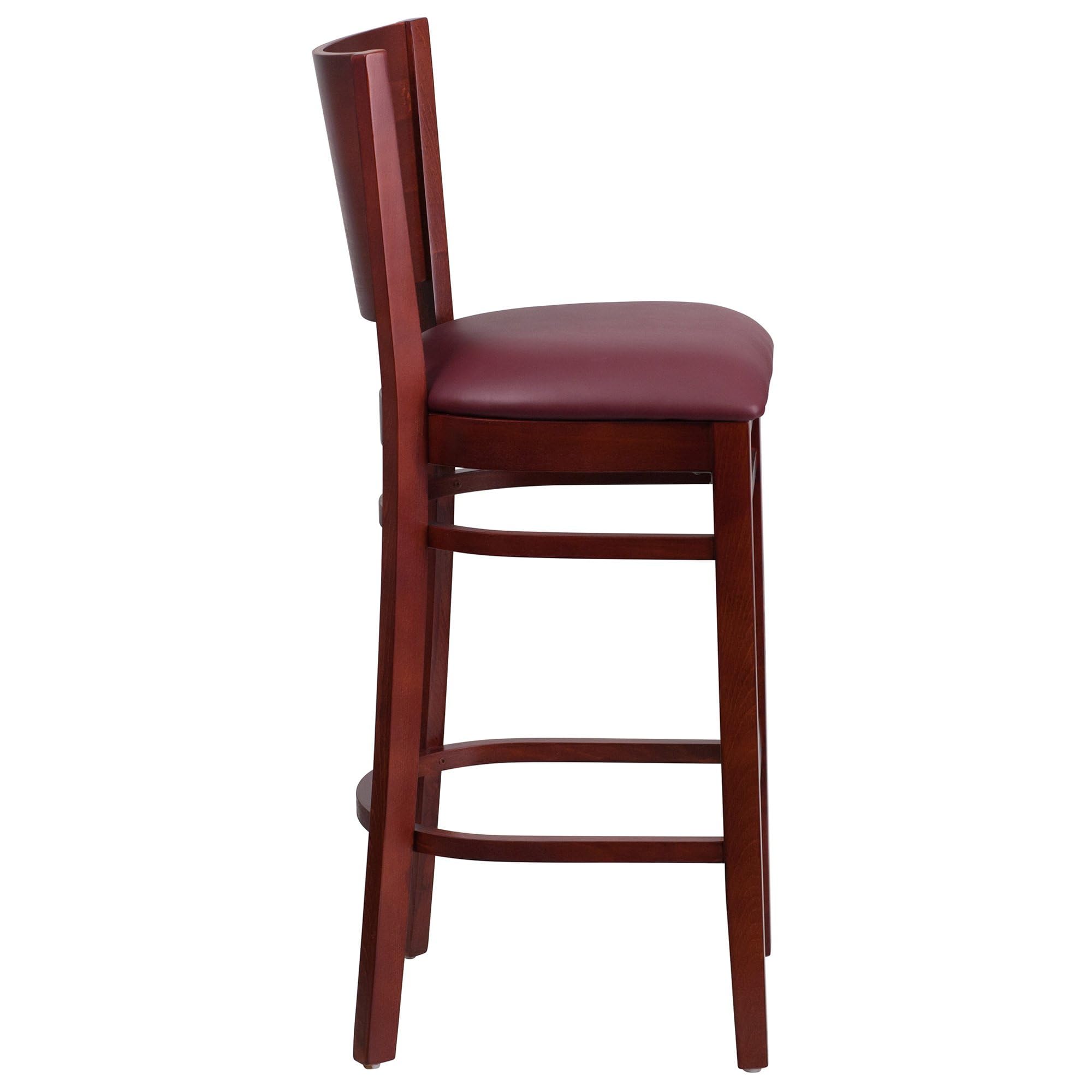 Flash Furniture Lacey Series Solid Back Mahogany Wood Restaurant Barstool - Burgundy Vinyl Seat