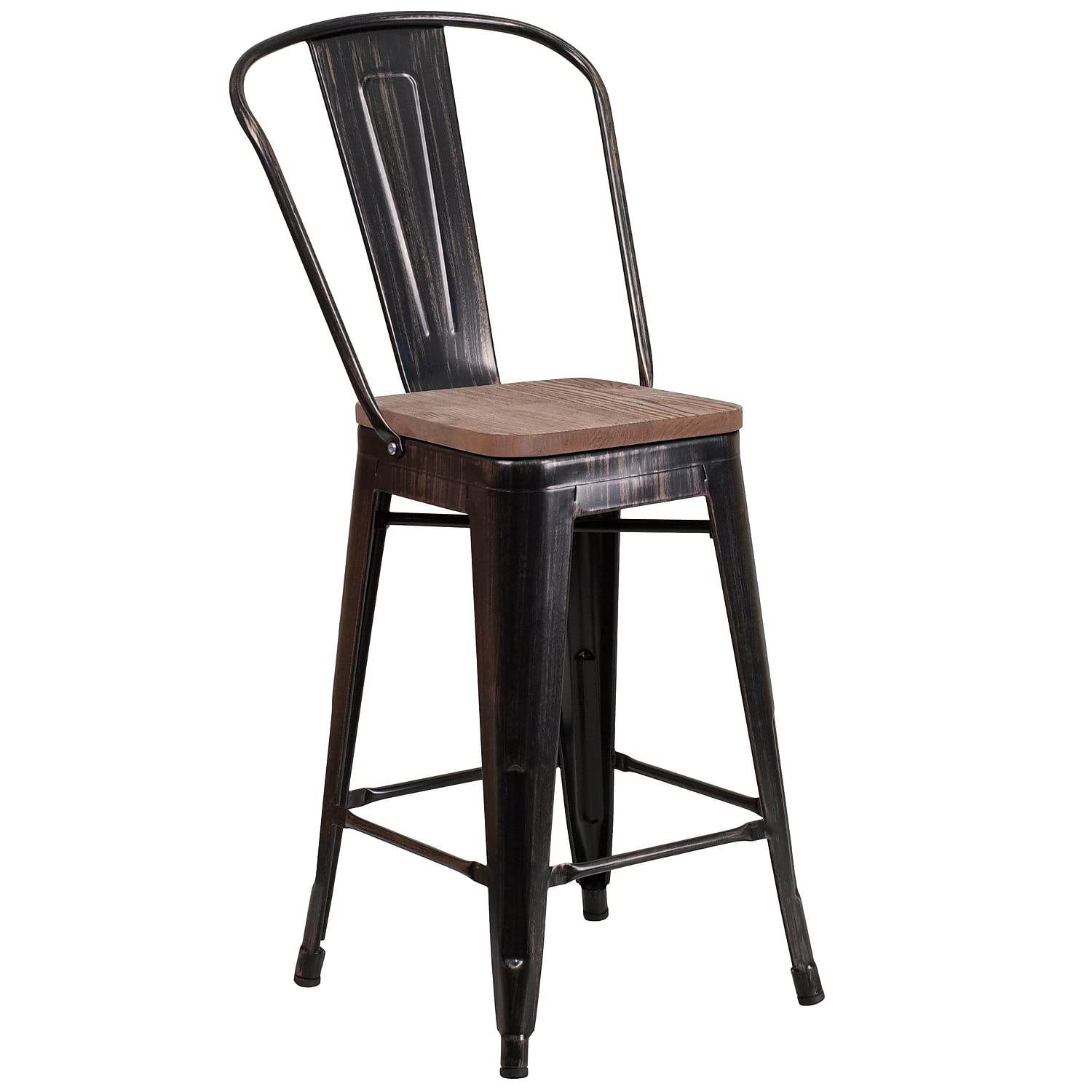 Flash Furniture Lily 24 High Black Metal Counter Height Stool with Back and Wood Seat (Pack of 1)
