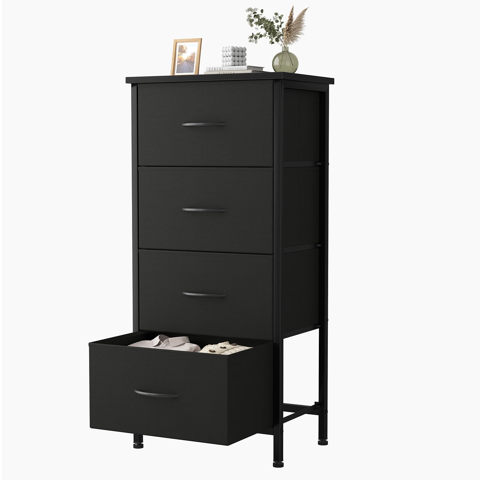 Sweetcrispy Nightstand Small Bedroom Dresser with 4 Fabric Drawers,Bed Side Furniture End Table,Wooden Top Cabinet Night Stand D