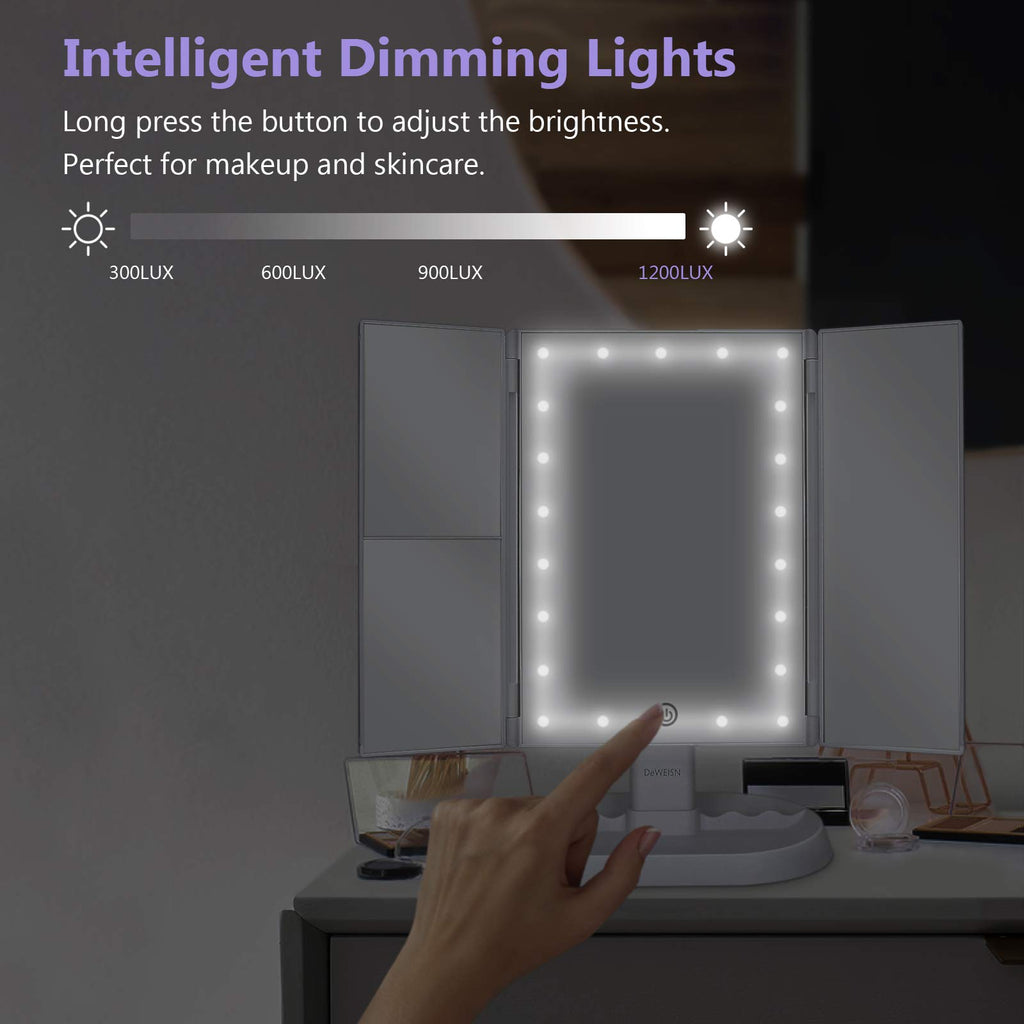 Deweisn Trifold Lighted Vanity Makeup Mirror With 21 Leds Lights,1X/2X/3X Magnification And Touch Screen Dimming,Two Power Suppl