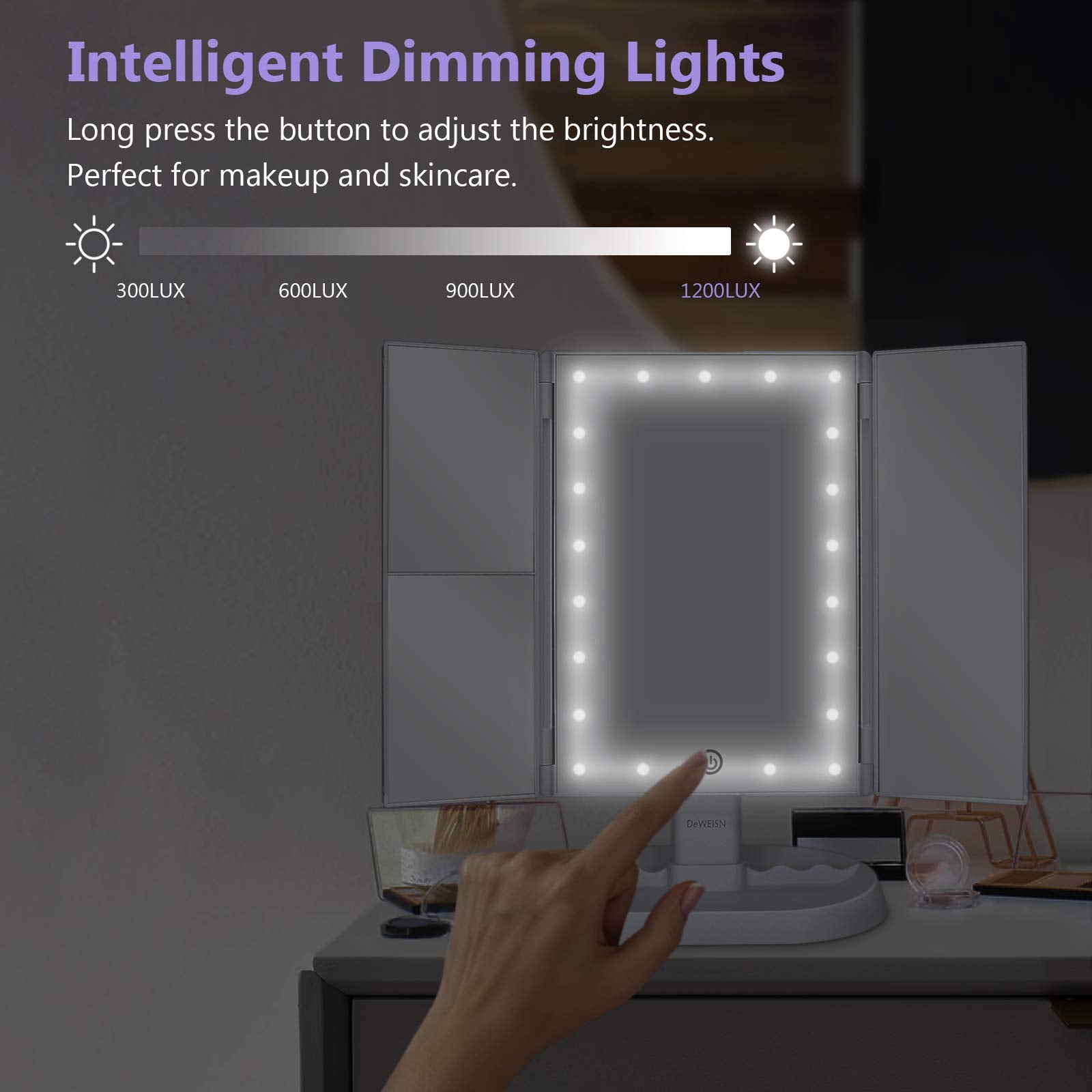 Deweisn Trifold Lighted Vanity Makeup Mirror With 21 Leds Lights,1X/2X/3X Magnification And Touch Screen Dimming,Two Power Suppl