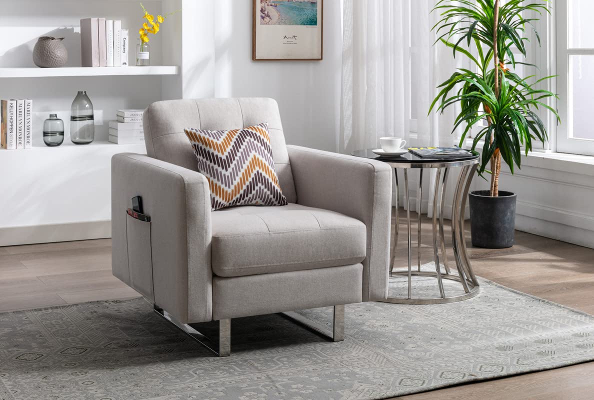 Lilola Home Victoria Beige Linen Fabric Armchair with Metal Legs, Side Pockets, and Pillow
