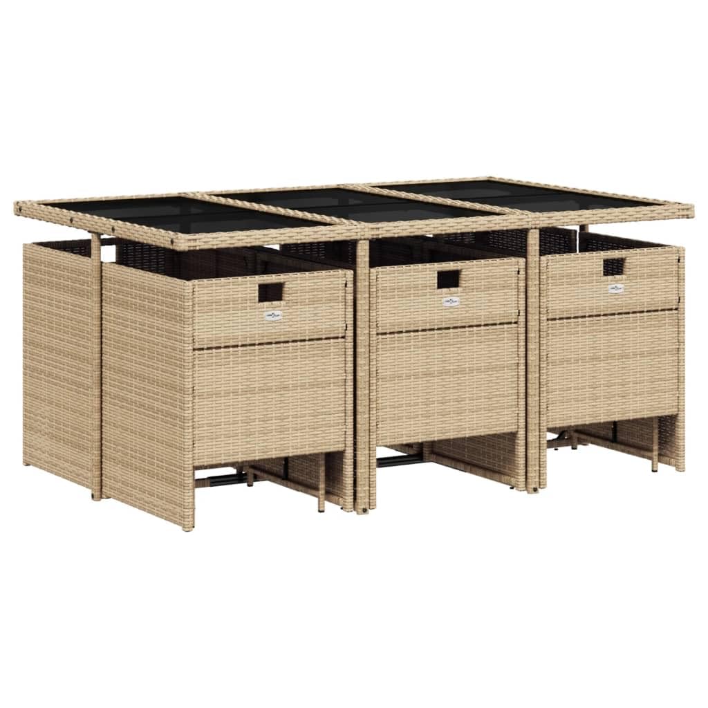 vidaXL 11 Piece Patio Dining Set – Beige Poly Rattan, Cushions Included, Space-Saving Storage, Tempered Glass Table for Outdoor/Backyard/Patio