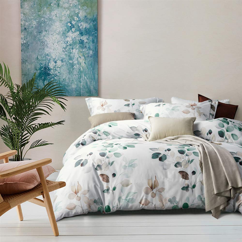 Mildly Duvet Cover King Size 100% Long-Staple Cotton Gradient Teal Blue Leaves Plant Pattern Comforter Cover Set Ultra Soft & Br