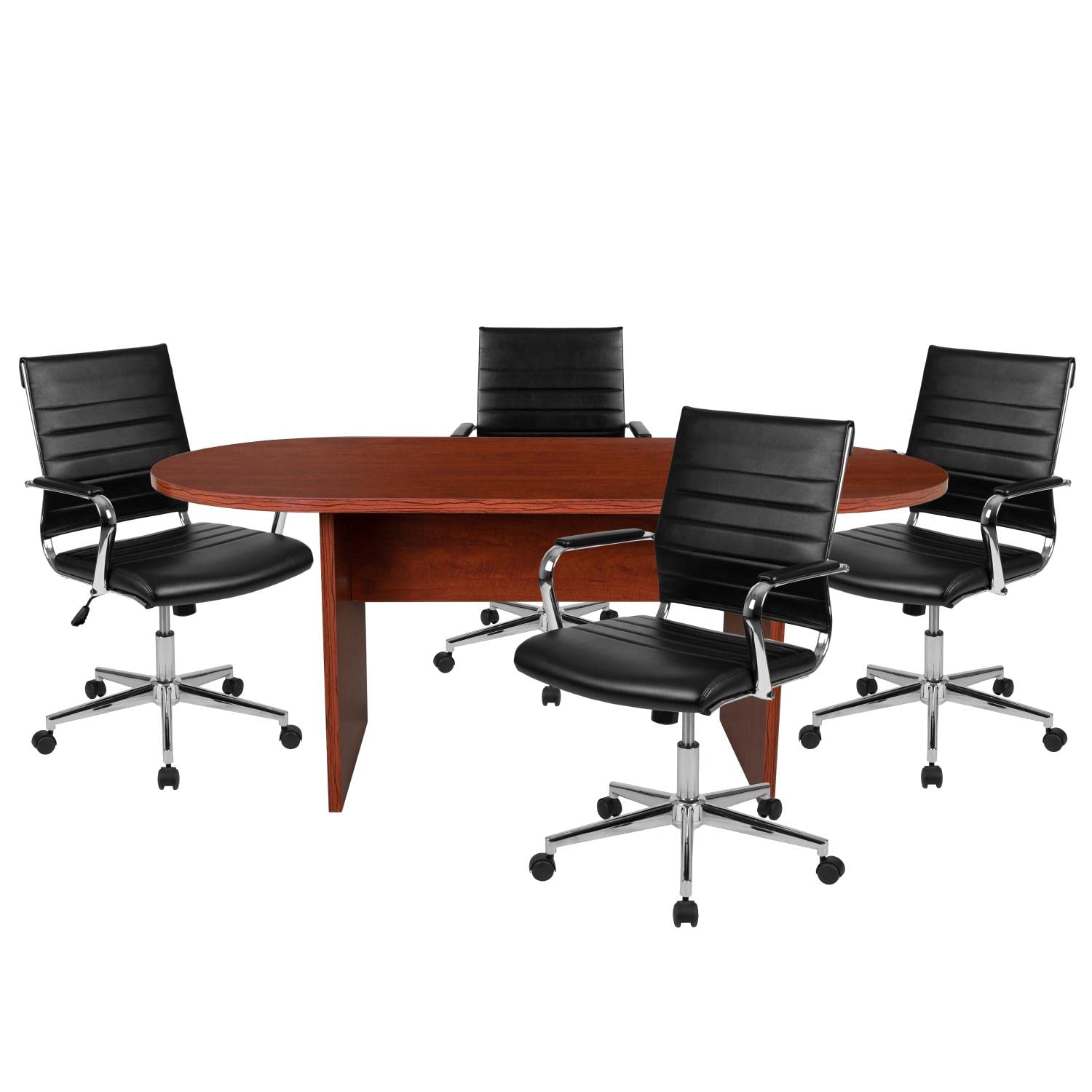 Flash Furniture Lake 5 Piece Cherry Oval Conference Table Set With 4 Black Leathersoft Ribbed Executive Chairs