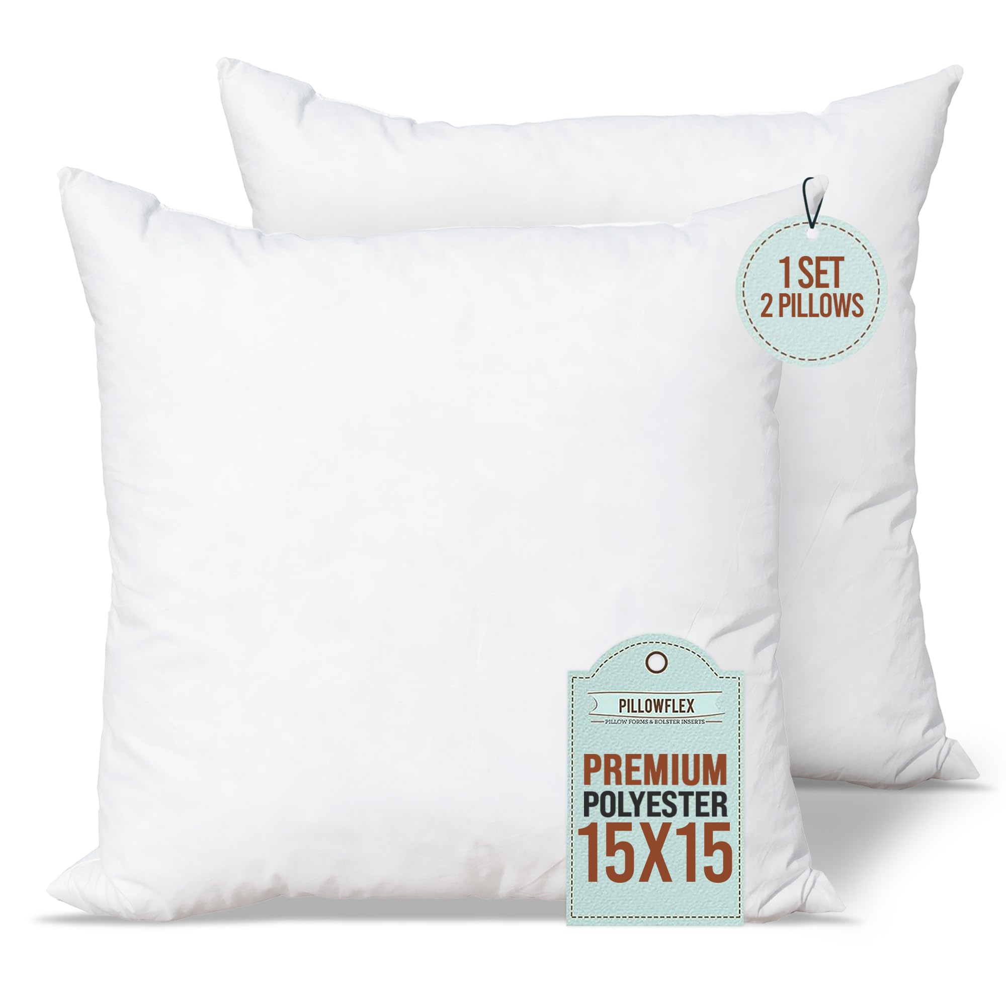 Pillowflex Set of 2 (15x15) Premium Polyester Pillow Inserts - European Square Pillow Forms, Machine Washable, Sham Pillow Inser