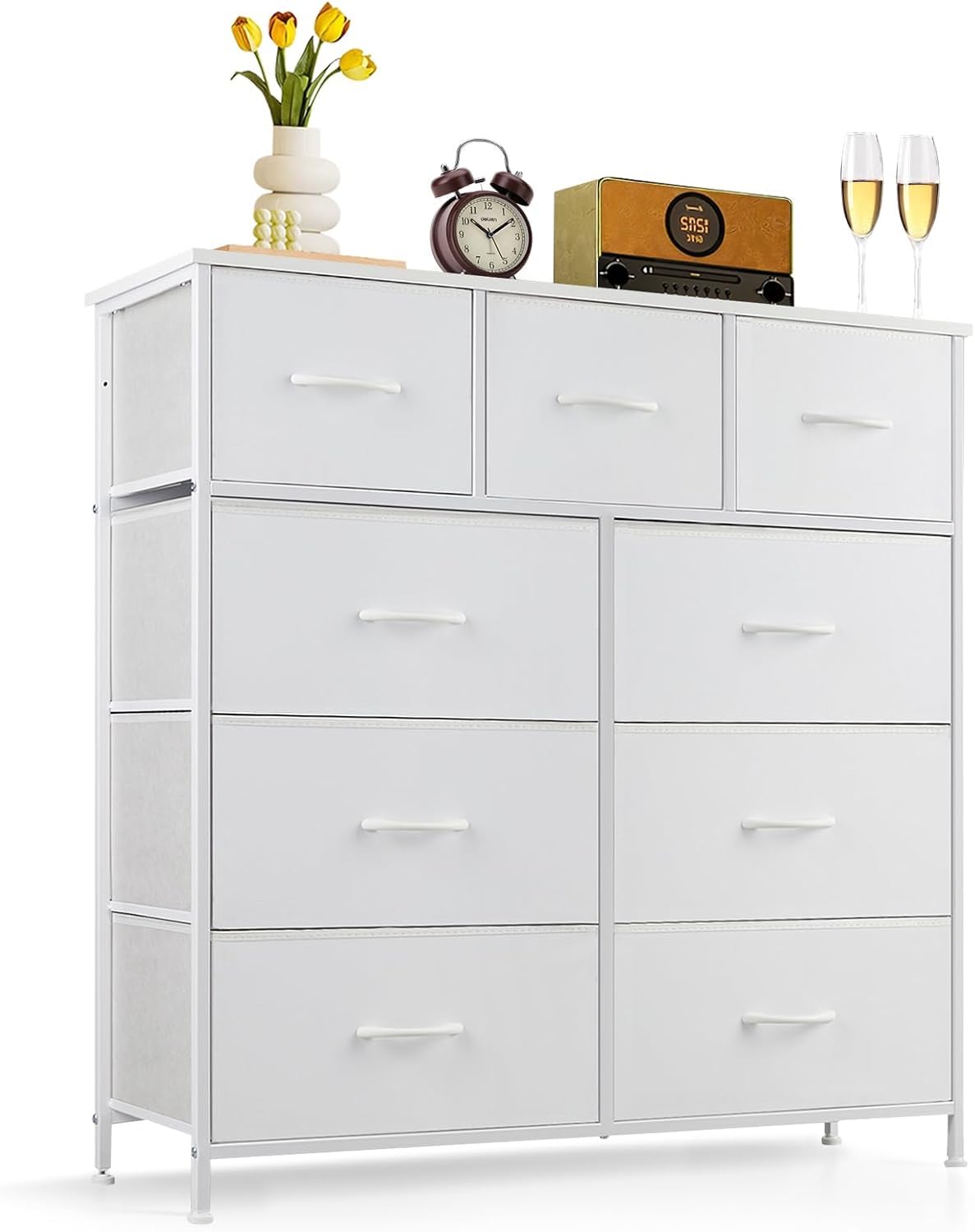 9-Drawer Dresser for Bedroom, Anti-Tip Tall Storage Organizer Chest of Drawers with Wooden Top and Metal Frame Fabric Bins for C