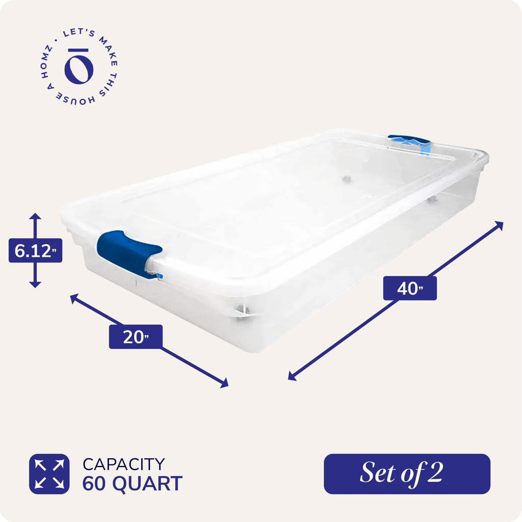 Homz Multipurpose 60 Qt Underbed Secure Latching Clear Plastic Storage Container With Snap-On Lid And Wheels For Home & Office O