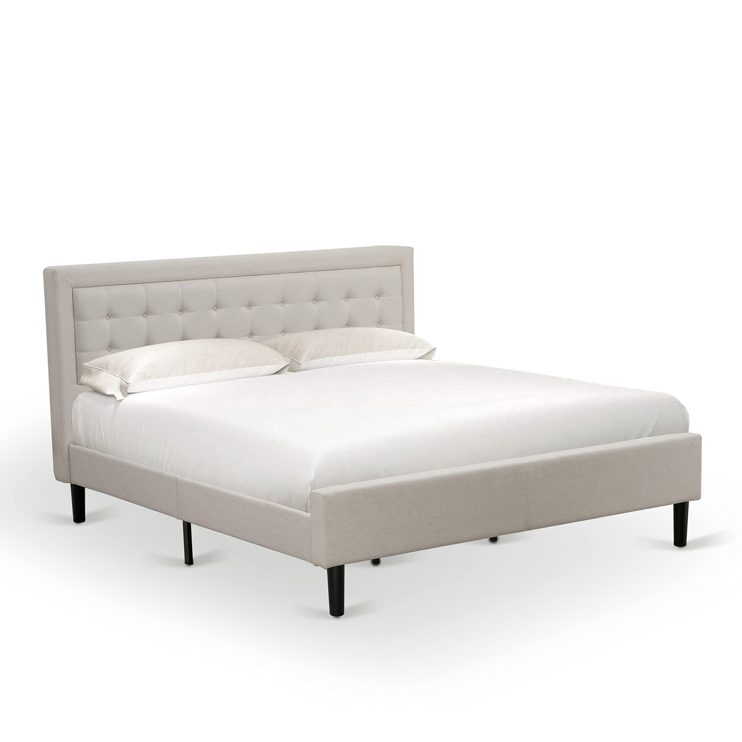 East West Furniture FN08K-1GA13 2-Piece Fannin Bed Set with 1 King Size Bed Frame and a Burgundy Night Stand - Reliable and Durable Manufacturing - Mist Beige Linen Fabric Bed