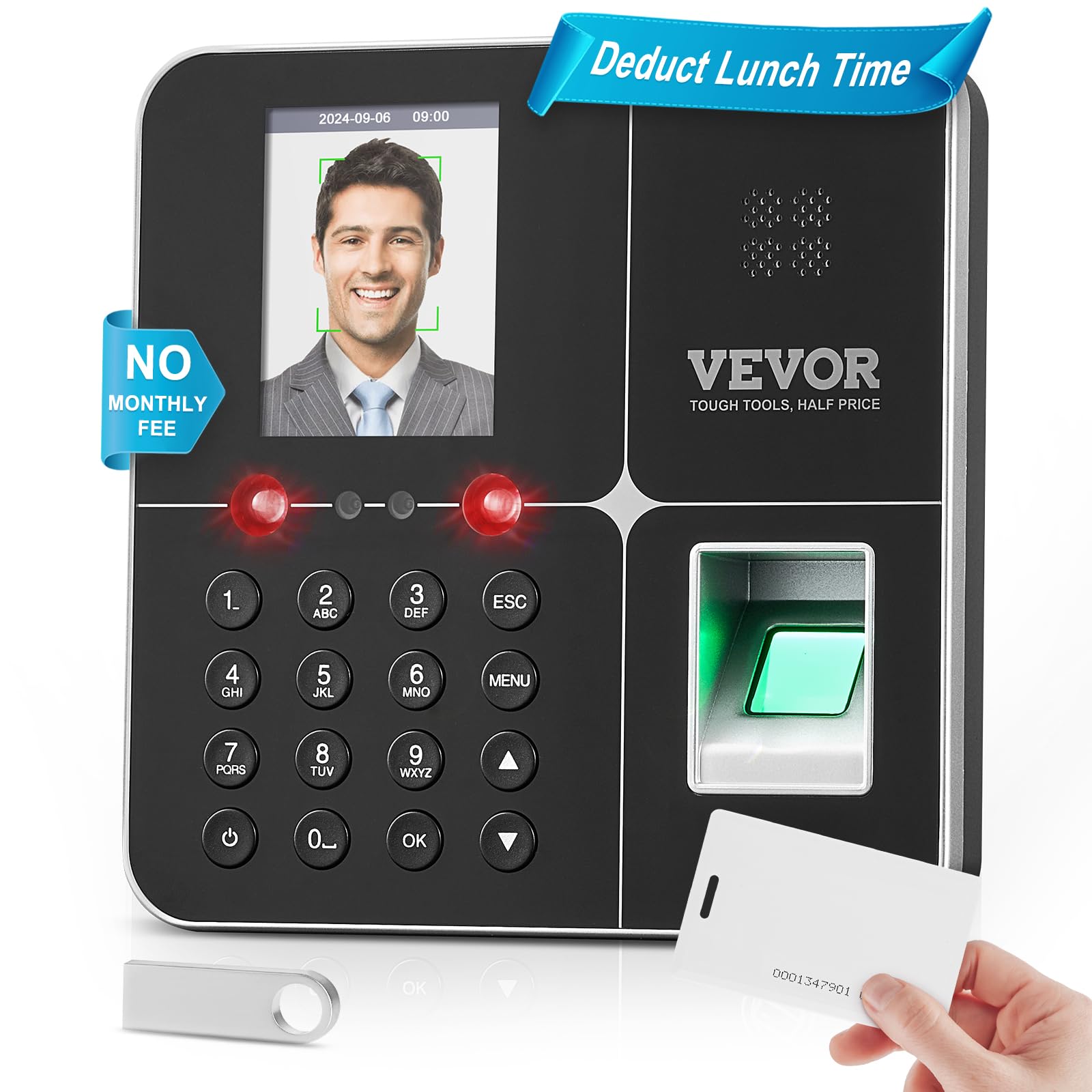 VEVOR F18 Biometric Time Clock with Face, Fingerprint, RFID, PIN Punching - Black