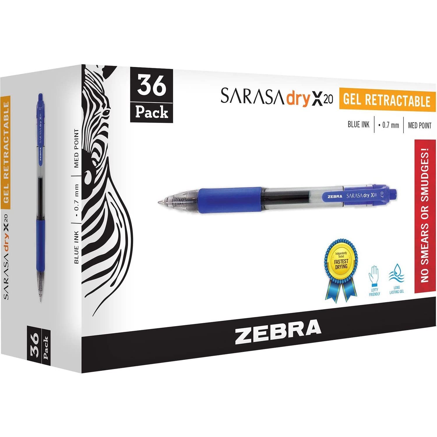 Zebra Pen Sarasa Dry X20 Retractable Gel Pen, Medium Point, 0.7Mm, Blue Ink, 36-Pack