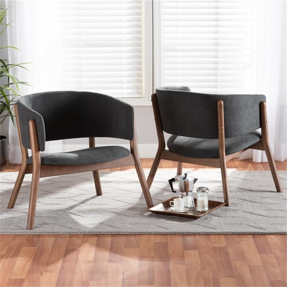 Baxton Studio Baron Mid-Century Modern Dark Grey Fabric Upholstered and Walnut Brown Finished Wood 2-Piece Living Room Accent Chair Set