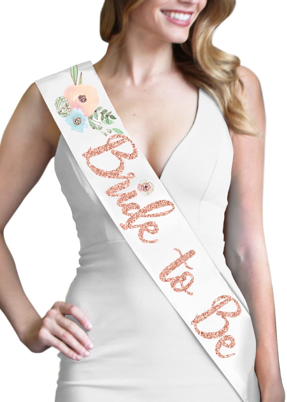 Floral Rose Gold Bride Sash - Quality Bridal Grade Satin Watercolor Diamond Bride To Be Glitter Bridal Shower Decorations & Supp