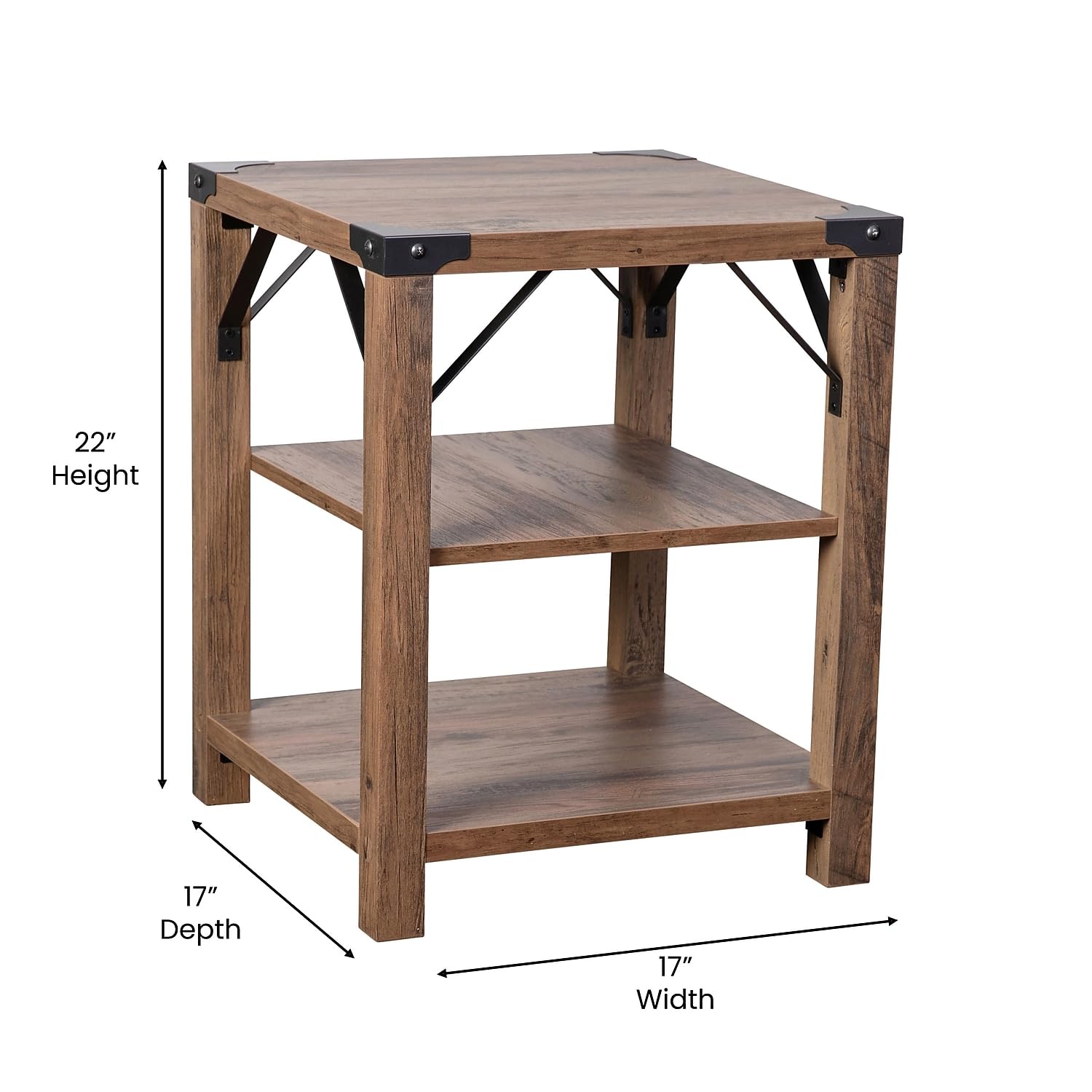 Flash Furniture Wyatt Modern Farmhouse 3 Tier Side Table - Rustic Oak Engineered Wood Frame - Black Metal Crisscross Side Braces and Corner Accents