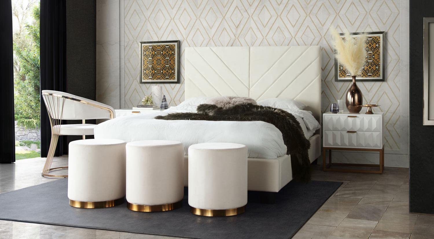 Vogue Queen Bed w/ 54" Headboard in Light Cream Velvet by Diamond Sofa