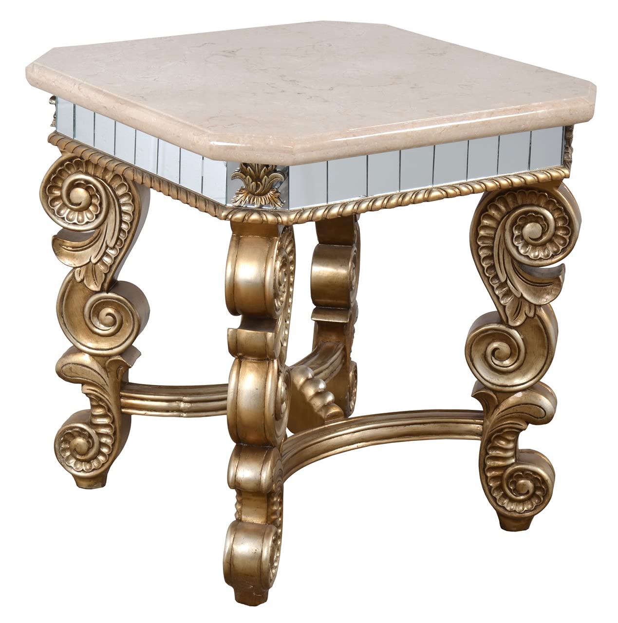 Afd Home Platine Bella Accent End Table, Silver Platina, Mirror, Cream Marble