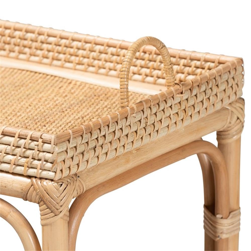 Baxton Studio Lombok Modern Bohemian Rattan Console Table with One Lower Shelf & Ergonomic Side Handles, Fully Assembled, in Natural Brown Finish