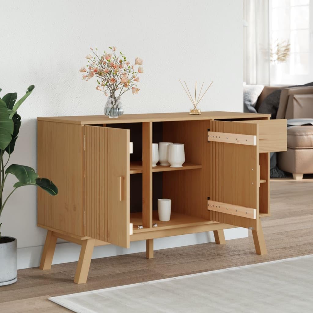 vidaXL Olden Sideboard-Brown, Solid Pine Wood, with 1 Drawer, 2 Doors-Storage Cabinet for Living Room/Dining Hallway, 44.9x16.9x28.9