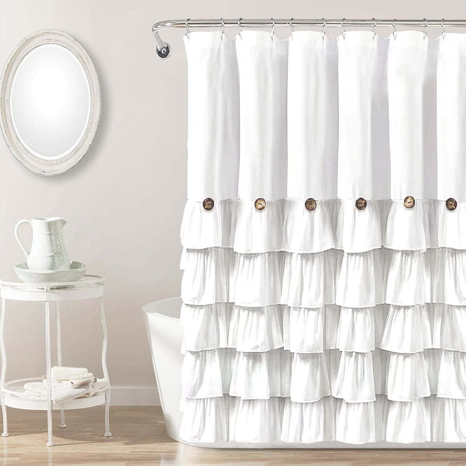 White Ruffle Shower Curtain Farmhouse Shower Curtain Set with 12 Hooks 72 X 72inch Fabric Shower Curtains with Buttons & White R