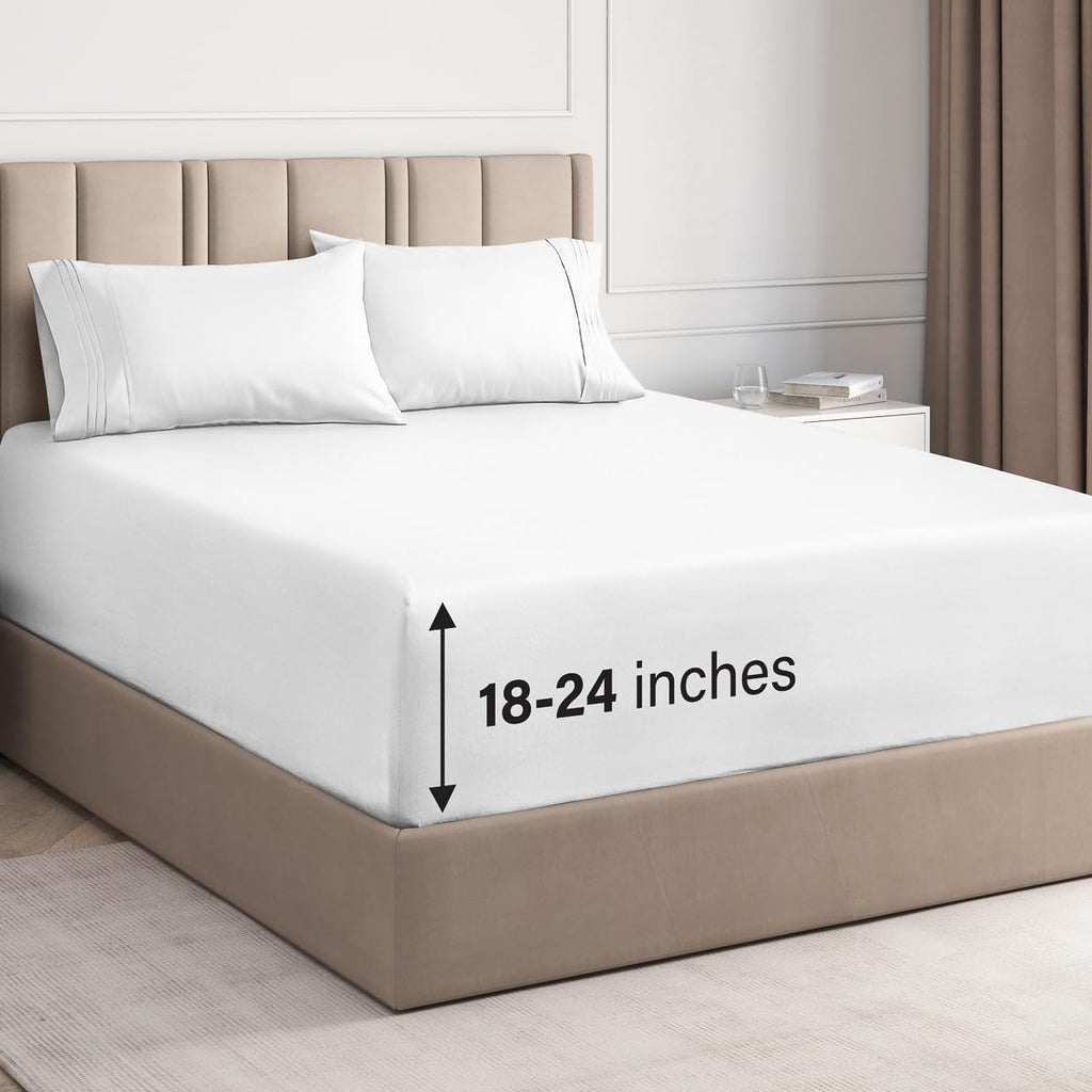 Extra Deep Pocket Cal King Sheets - 4 Piece Breathable & Cooling Bed Sheets - Hotel Luxury Bed Sheet Set - Soft, Wrinkle Free & Comfy - Easily Fits Extra Deep Mattresses - Deep Pocket White Sheets Set
