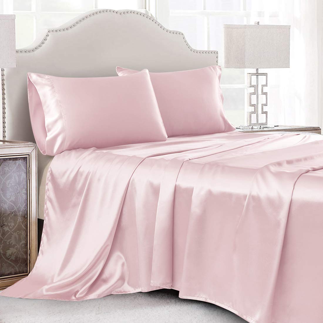 Cobedzy 4 Pcs Blush Pink Satin Sheets Full Size Silky Satin Bedding Sheets Set With 1 Deep Pocket Fitted Sheet, 1 Flat Sheet, 2