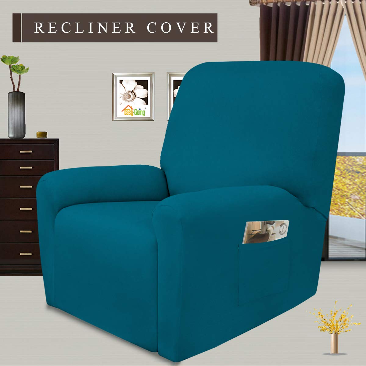 Easy-Going 4 Pieces Microfiber Stretch Recliner Slipcover - Spandex Soft Fitted Sofa Couch Cover, Washable Furniture Protector With Elastic Bottom For Kids, Pet(Recliner, Peacock Blue)