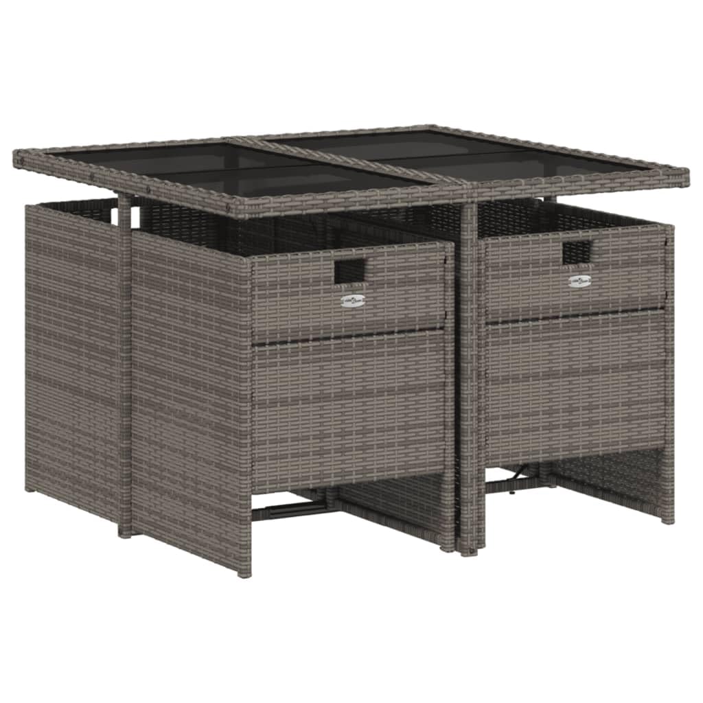 vidaXL Gray Poly Rattan Patio Dining Set with Cushions - 5 Piece Garden Furniture with Foldable Chairs and Tempered Glass Table for Garden, Backyard, or Patio - Lightweight & Weather-Resistant