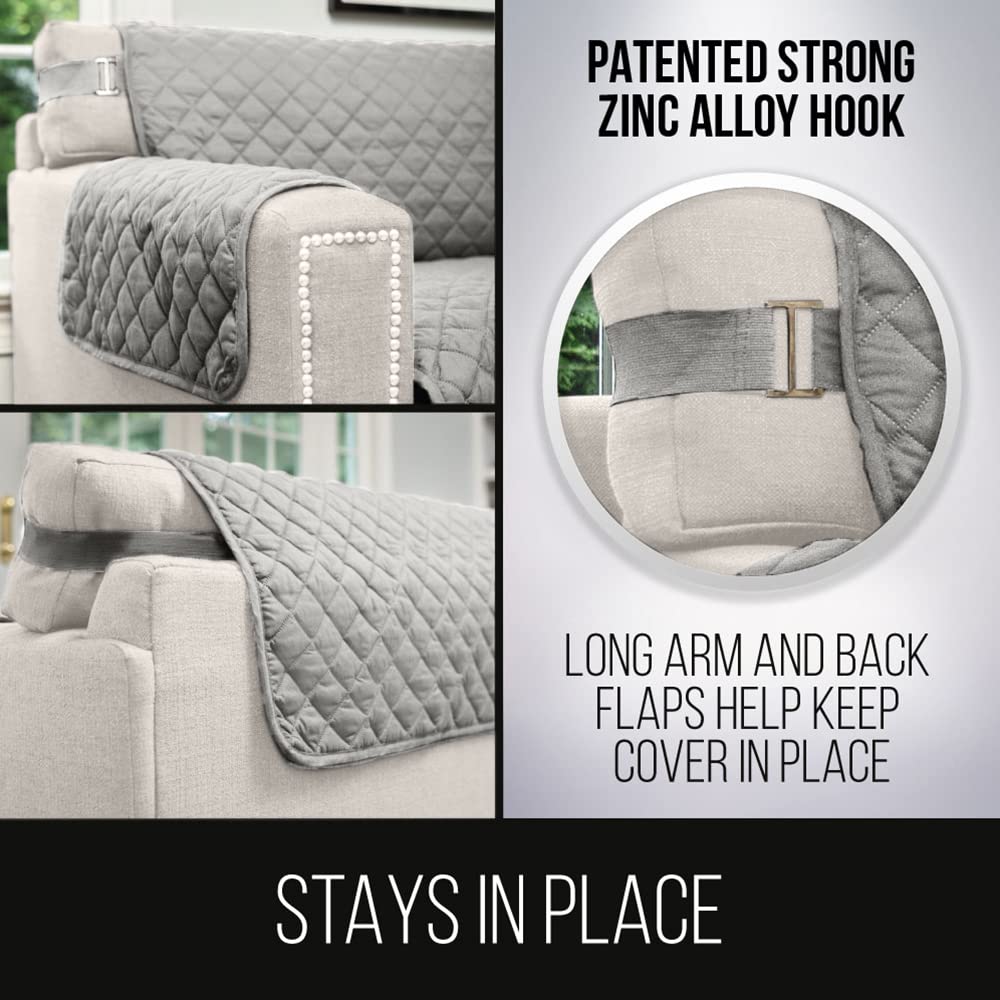 Sofa Shield Patented Couch Cover, Large Furniture Protector With Straps, Reversible Tear And Stain Resistant Slipcovers, Quilted Microfiber 62” Seat, Washable Covers For Dogs, Kids, Light Gray
