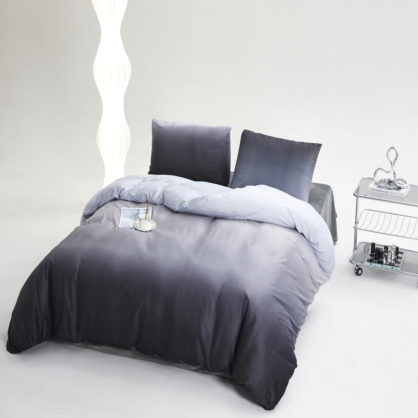 Clothknow Grey Velvet King Size Comforter Set 3Pcs Grey White Bedding Comforter Sets Fluffy Comforter King Soft Gray King Size Comforter Sets