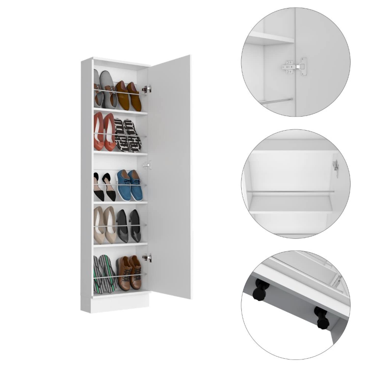 Shoe Rack 67" H, 5 Internal Storage Shelves, A Mirror, A Door, Approximate Capacity of 10 Pairs of Shoes, White