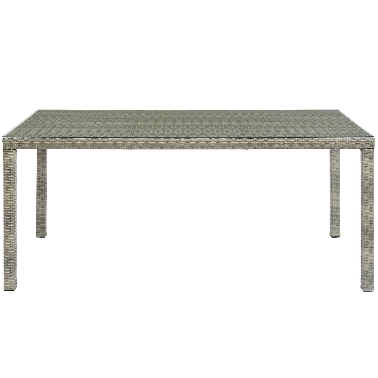 Modway Conduit Wicker Rattan Glass Outdoor Patio 70" Rectangular Dining Table in Light Gray