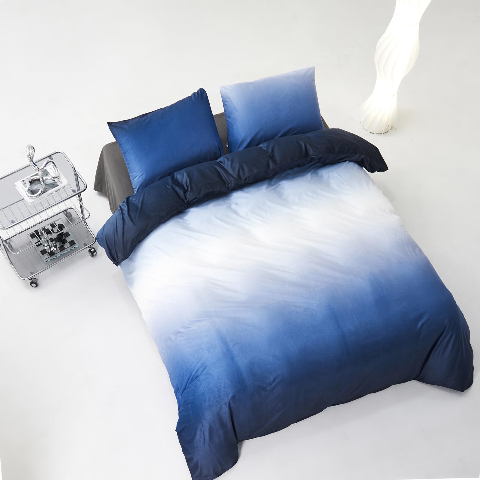 Clothknow Blue White Velvet Comforter Set Full 3Pcs Gradient Blue White Bedding Comforter Sets Blue Comforter Full Size Soft Dar