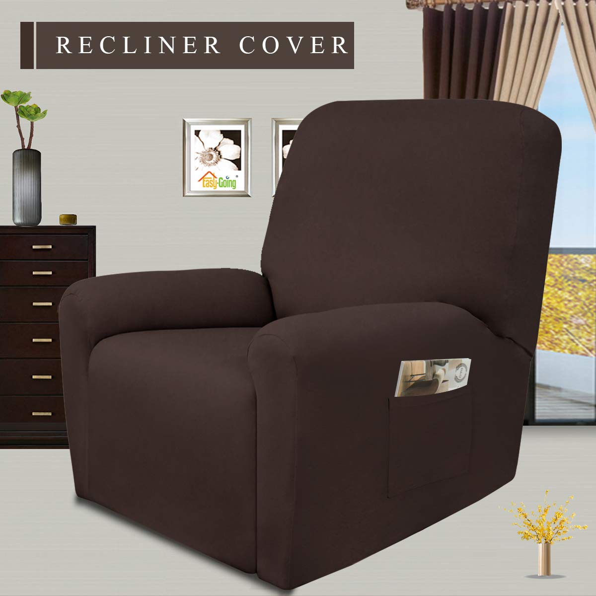 Easy-Going 4 Pieces Microfiber Stretch Recliner Slipcover - Spandex Soft Fitted Sofa Couch Cover, Washable Furniture Protector With Elastic Bottom For Kids, Pet(Recliner, Chocolate)