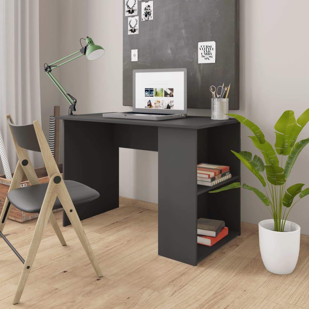 vidaXL Engineered Wood Desk - Multipurpose Gray Workstation with 2 Shelves for Organized Storage, Easy-to-Clean, Modern, Sleek Office/Study/Home Computer Desk