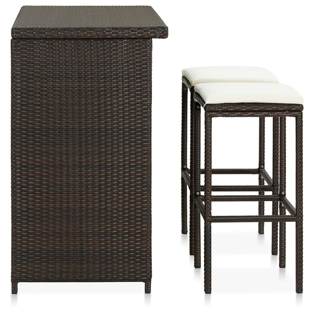 vidaXL Outdoor 3 Piece Bar Set - PE Rattan, Steel Frame, Comfortable Seating with Footrest and Washable Cushion Covers, Ample Storage Shelves - Stylish Brown Bar Set for Patio or Garden