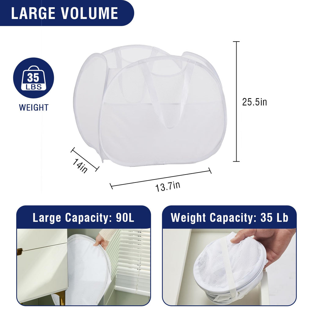 TECHMILLY 90L Collapsible Mesh Laundry Hamper - White, Large Opening with Strong Handles & Side Pockets for Dorm, Bathroom, Travel