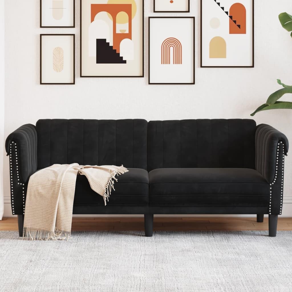 vidaXL Black Velvet 2-Seater Upholstered Loveseat - Modern Couch for Office/Living Room, Comfortable Padded Seating with Stable Wooden Legs