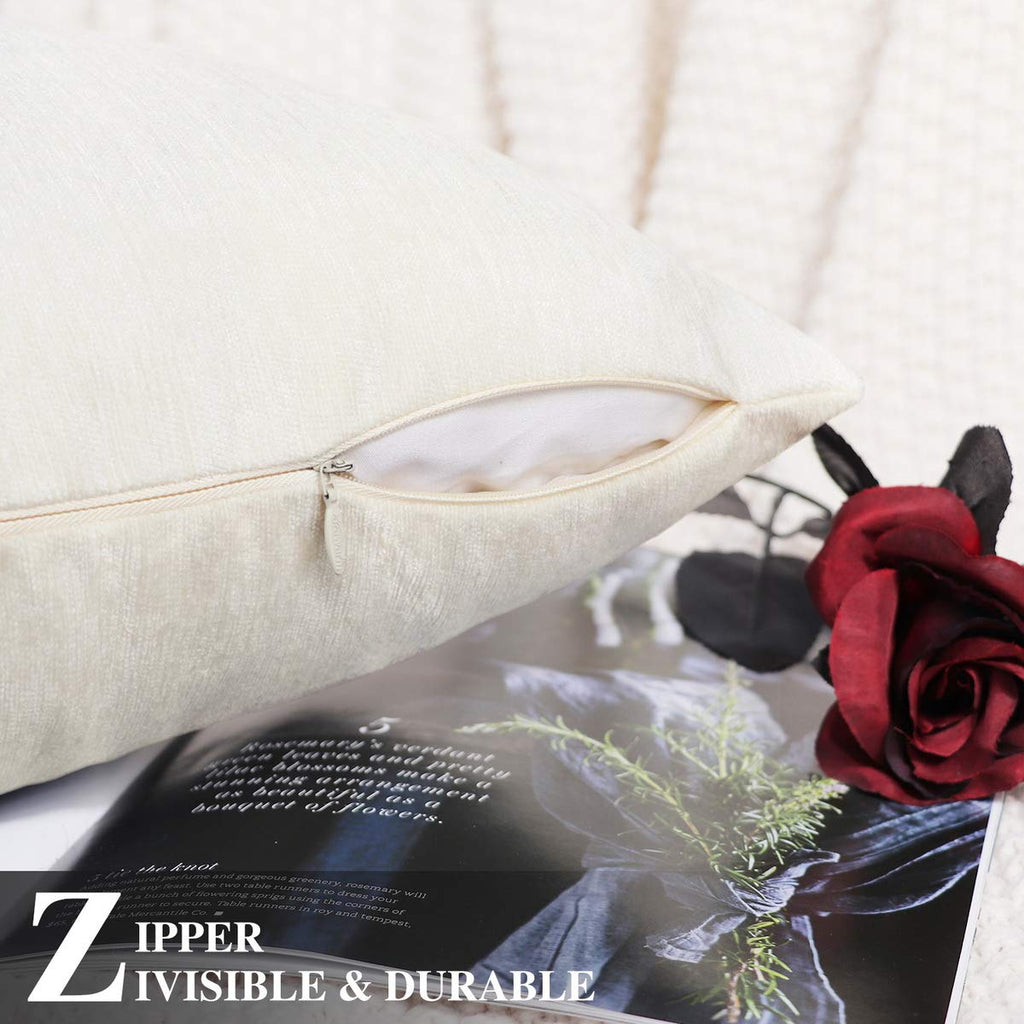 Brawarm Chenille Throw Pillow Covers 12X20 Inches - Cream Chenille Lumbar Pillow Covers Pack Of 2, Solid Dyed Soft Chenille Pill